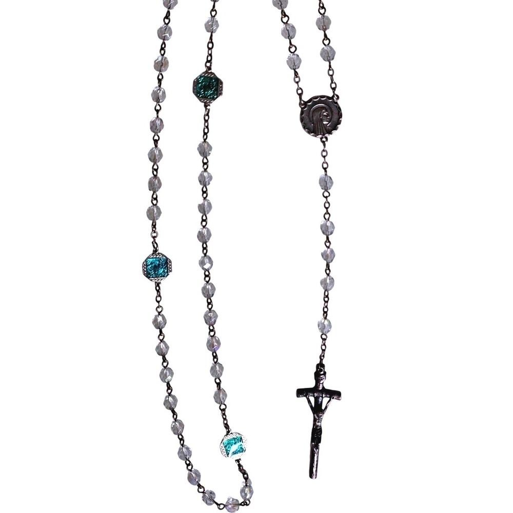 Vtg Italy Crystal Rosary Necklace Silver Tone Capsule Mary Lady Lourdes Crucifix